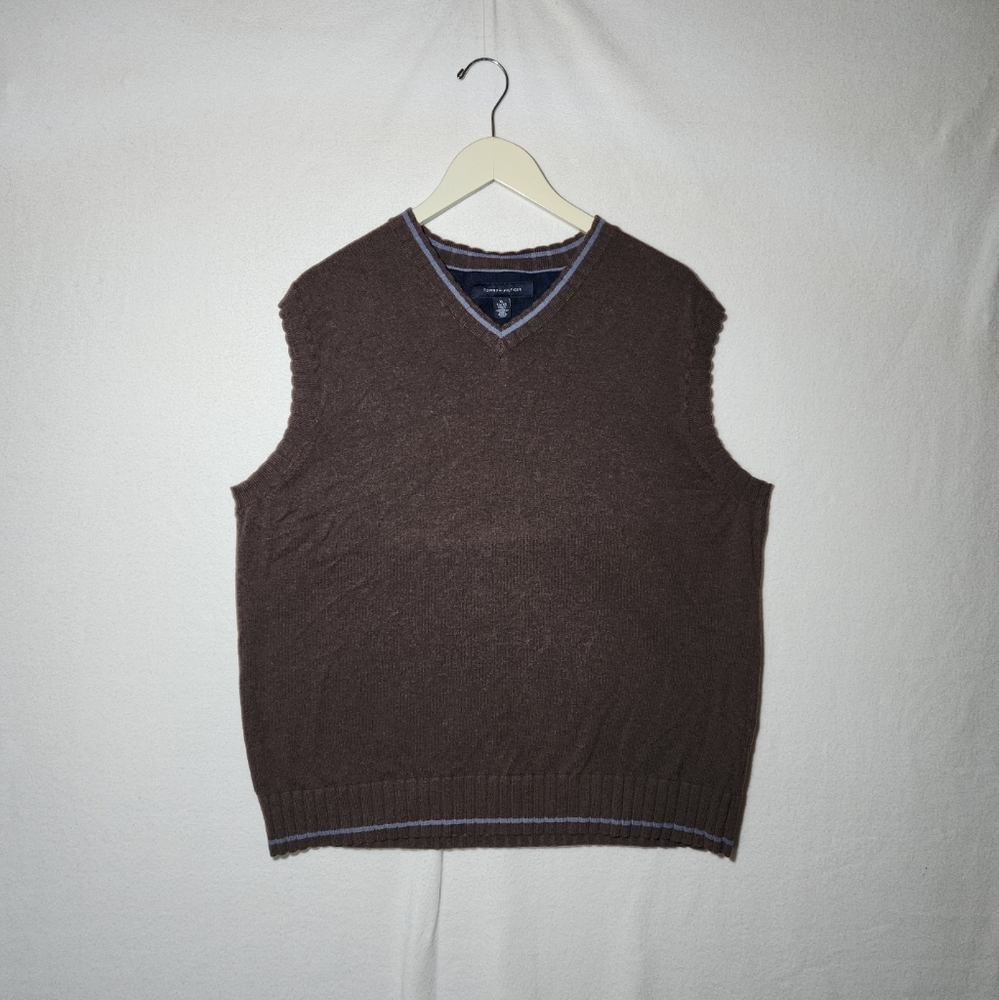 TOMMY HILFIGER Mens Vest Tank Top Brown And Blue Size XL Cotton 71% & Wool 29%